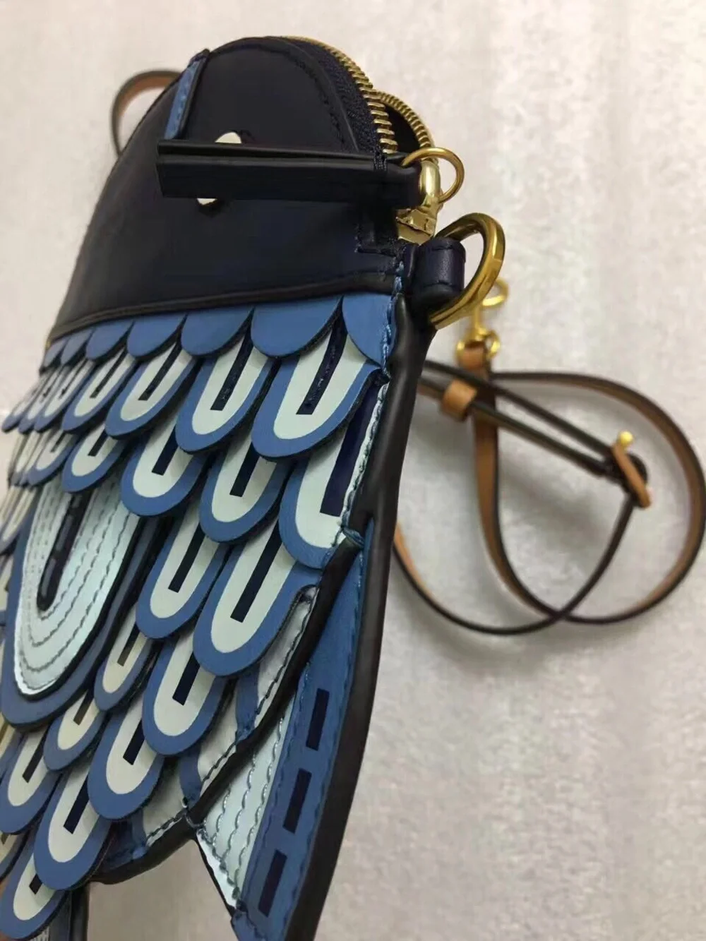 Tory Burch Blue Fish-Shaped Crossbody Bag with Tan Strap